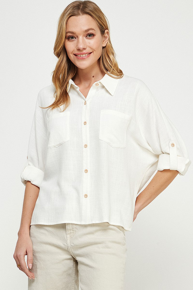 Linen Button Front Shirt In Off White