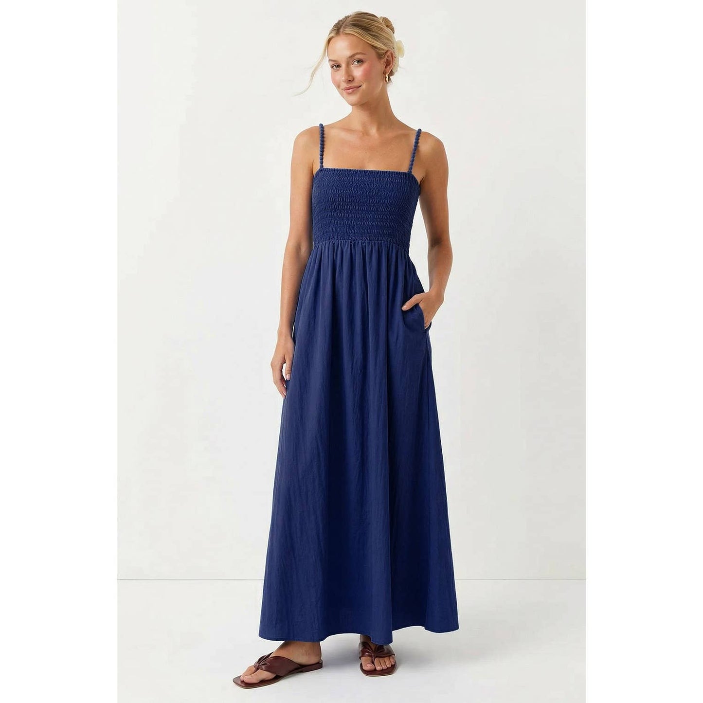 Pom Pom Smocked Maxi Dress in Navy
