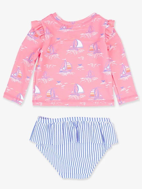 RuffleButts Pink Seas The Day L/S Rash Guard Bikini