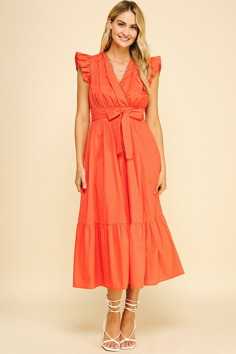 Summer Nights Eyelet Detail Belted Midi In Sun Orange