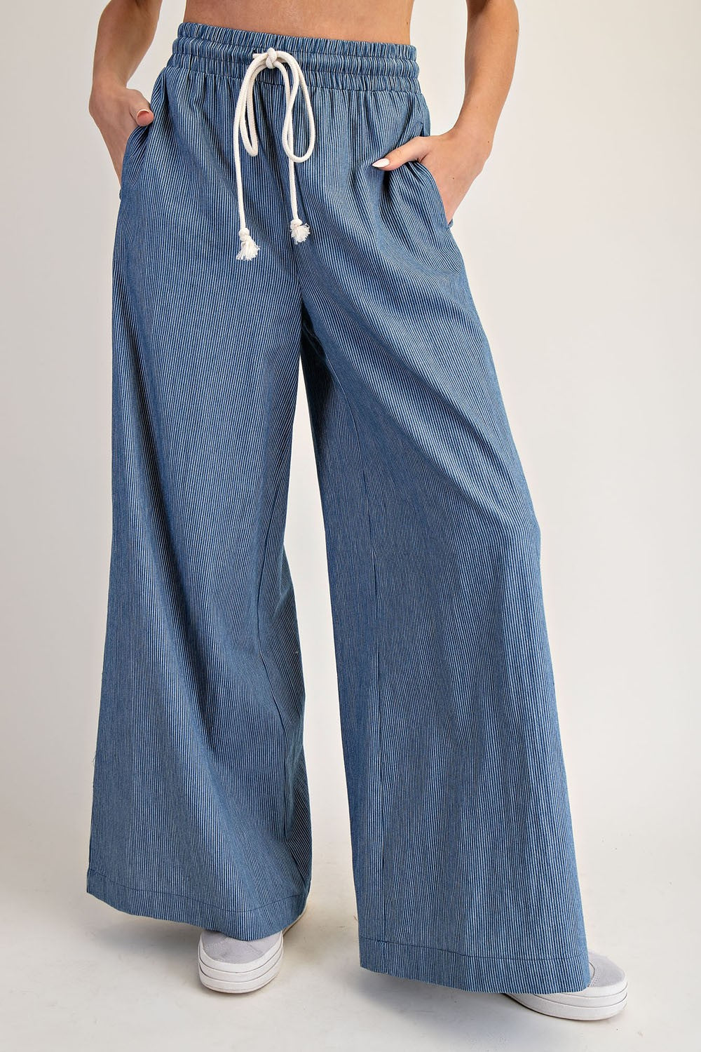 Pinstripe Tie Waist Wide Leg Denim Pants