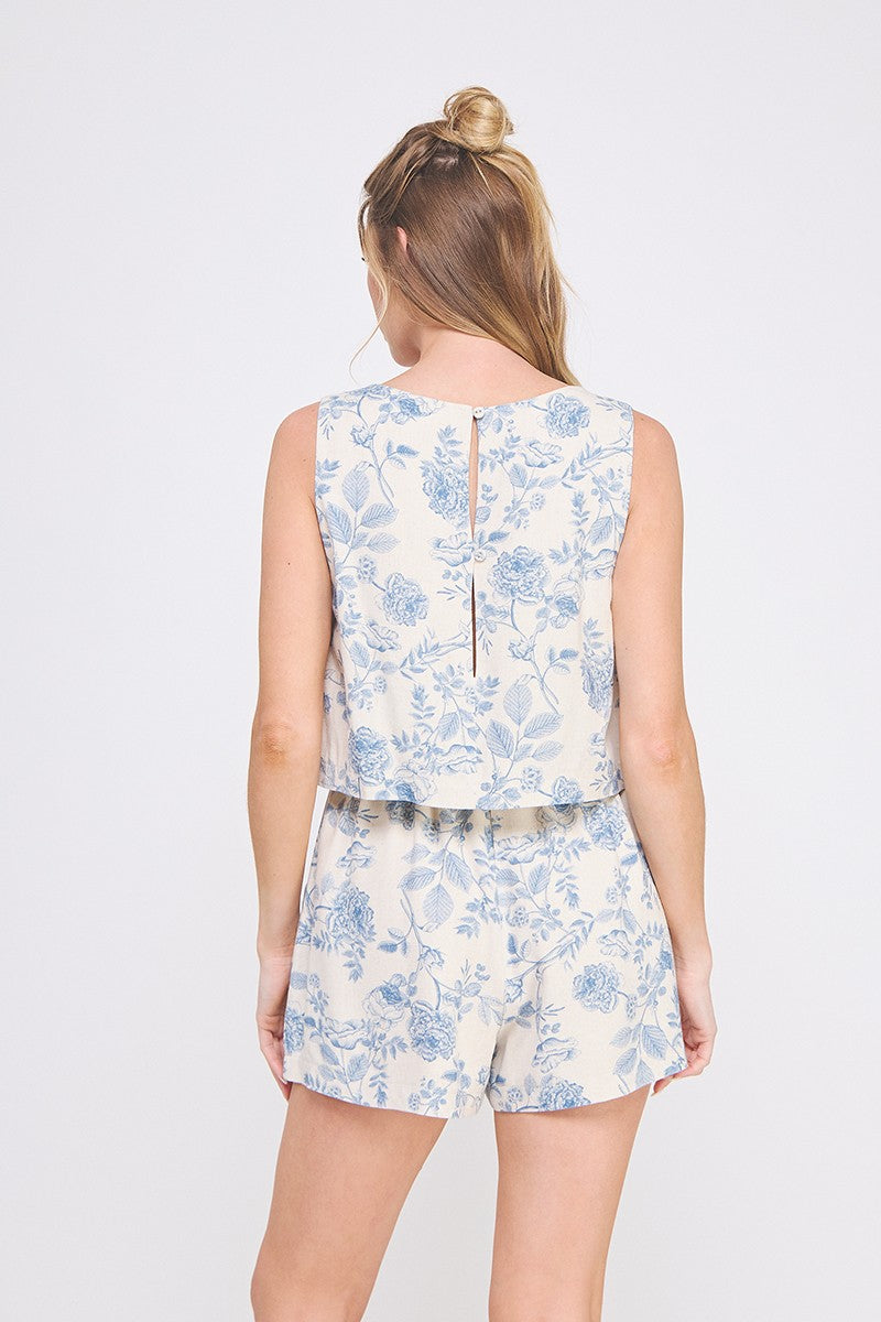 Blue Blossoms Linen Romper