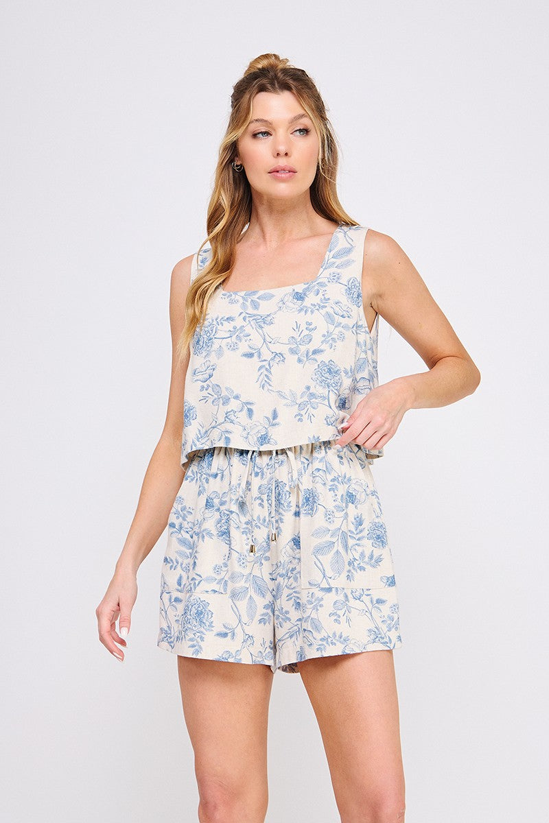 Blue Blossoms Linen Romper