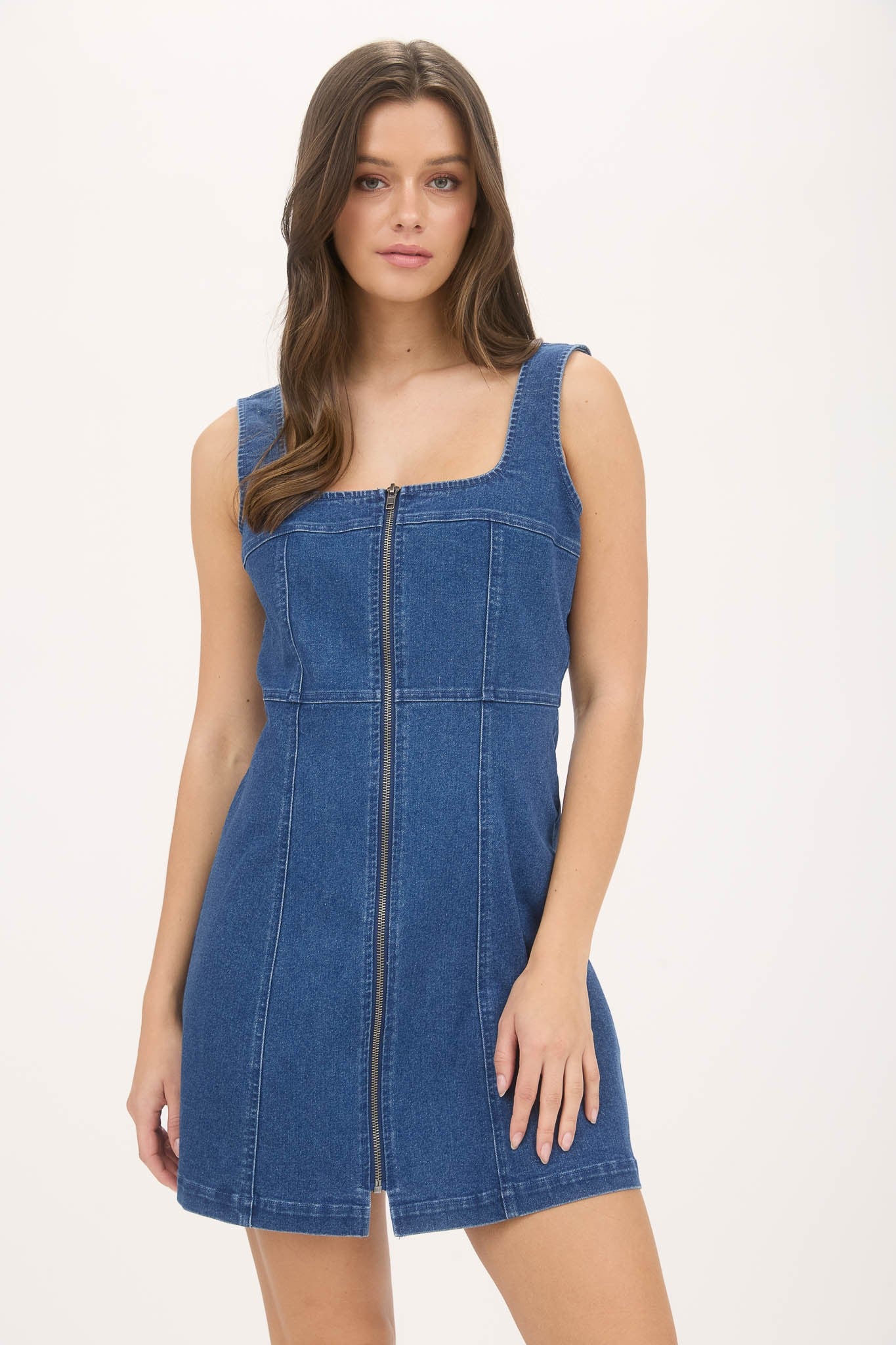 Denim Zip Up Sleeveless Mini Dress Denim Zip Up Sleeveless Mini Dress