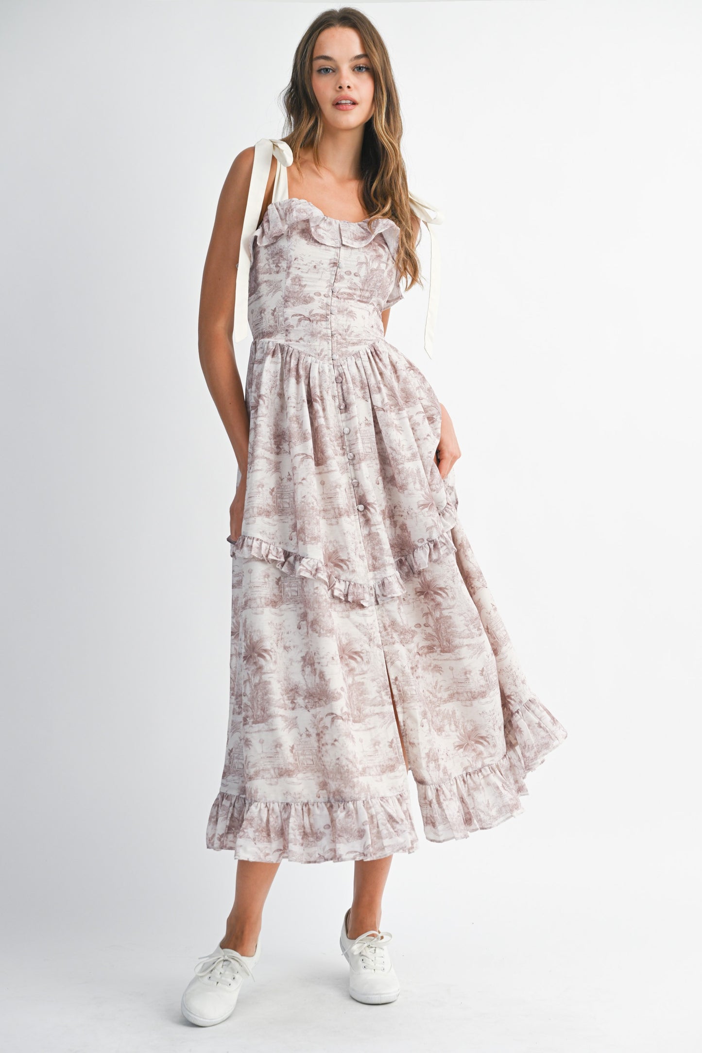 Print Contrast Shoulder Tie Strap Midi