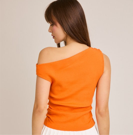 Asymmetrical Neck Sweater Top In Orange