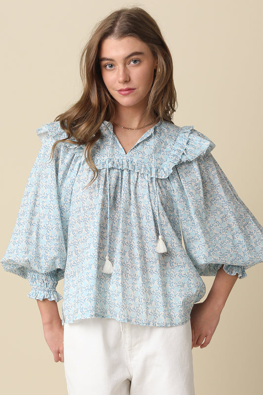 Blues In Bloom Ruffle Puffy Sleeve Blouse