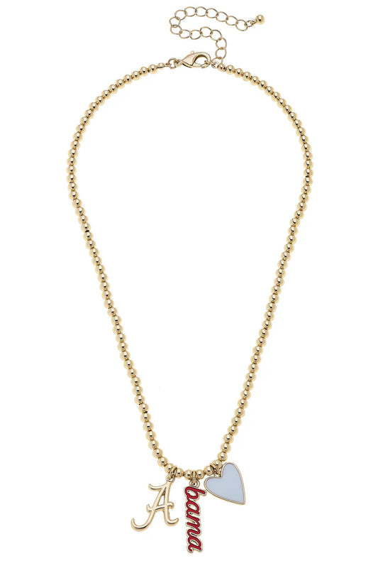 Alabama Crimson Tide Ball Bead Charm Necklace in Shiny Gold