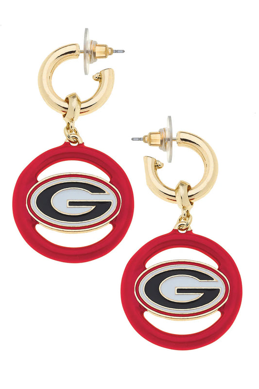 Georgia Bulldogs Logo Medallion Drop Hoop Earrings in Shiny Gold