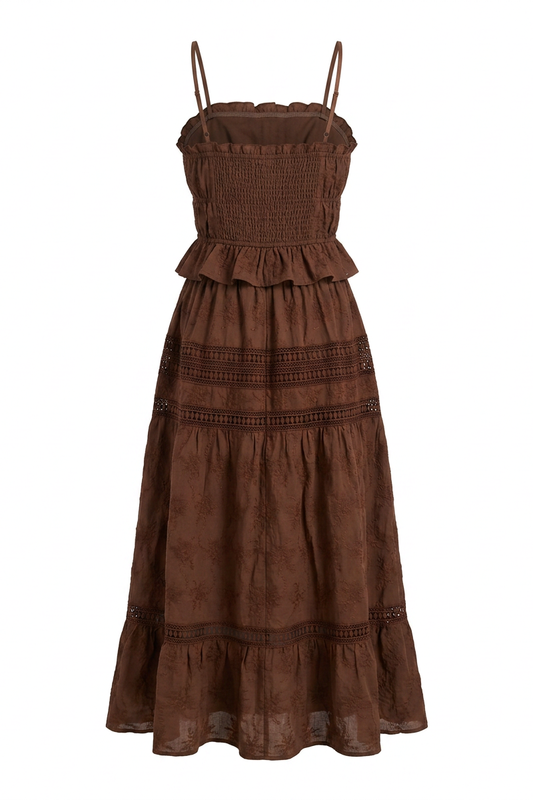 Embroidered Lace Crop Top & Maxi Skirt Set in Brown