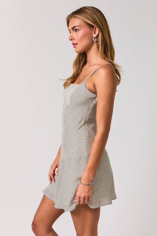 Asymmetrical Woven Stripe Dress in Cream/Black