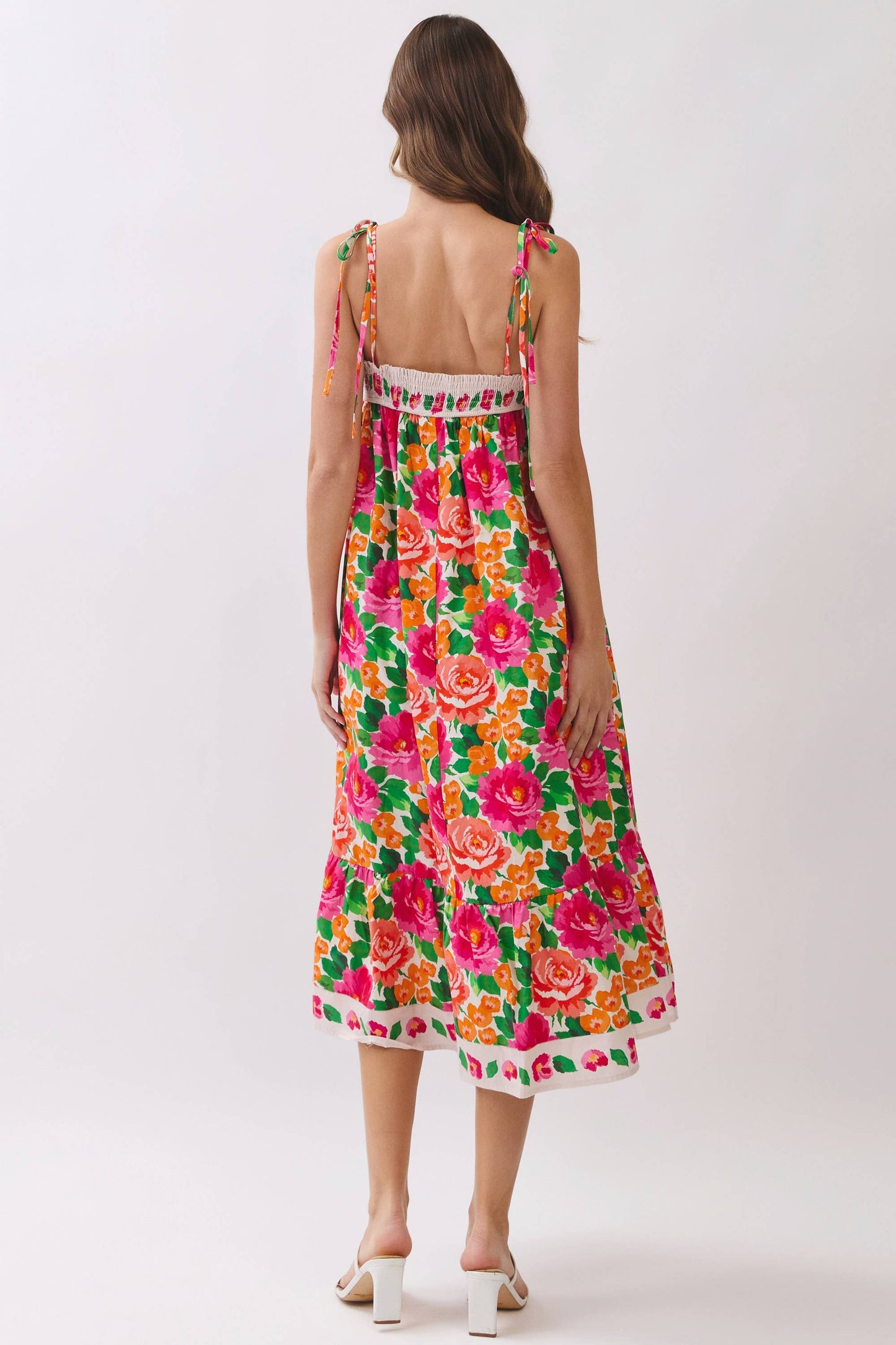 Floral Border Print Tie Strap Midi Dress