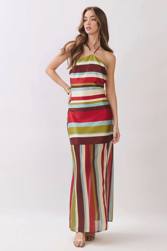 Sunset Stripe Side Slit Halter Maxi Dress