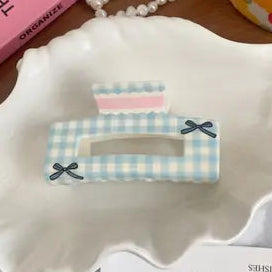 Checkered Bow Claw Clip Blue