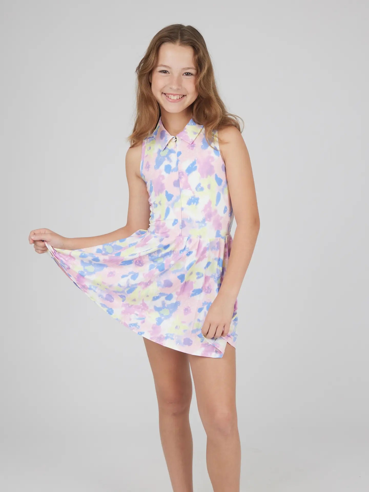 Girls Sip Up Pleated Tennis Dress with Inner Short in Fuzzy Floral
