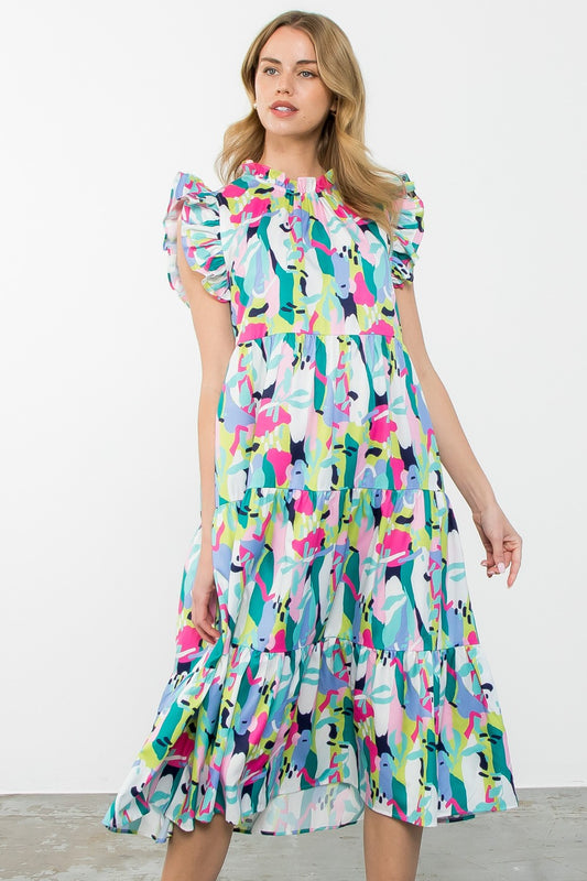 Flutter Sleeve Multi Color Midi Dress