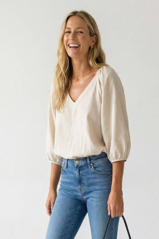 Elastic Puff Sleeve V-neck Blouse