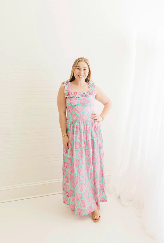 Sanibel Pink Shell Ruffle Bow Maxi Dress