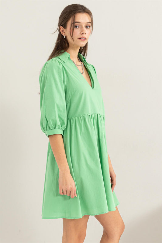 3/4 Sleeve Poplin Shirt Dress in Green