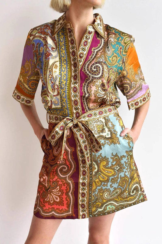 Paisley Print Belted Shirt Dress
