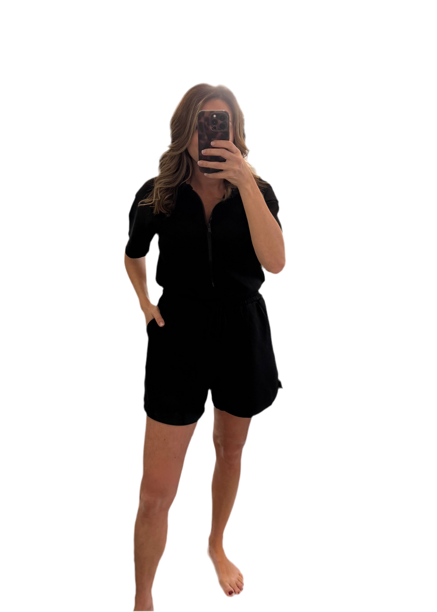 Model Scuba Quarter Zip Short Sleeve Romper In Black