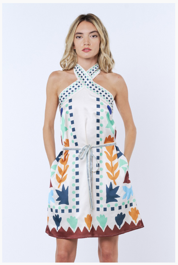 Abstract Print Halter Mini Dress In White