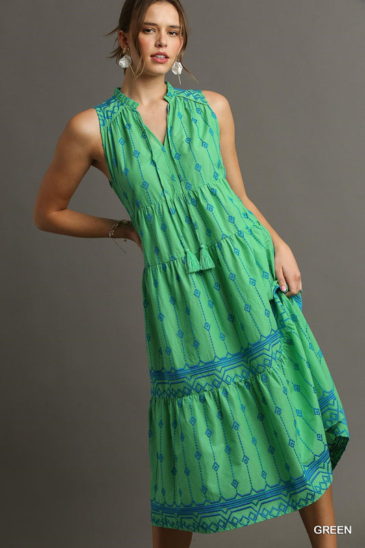 Embroidered Sleeveless Midi Dress in Green