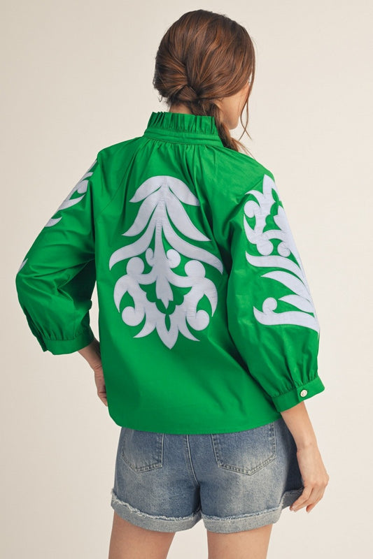 Baroque Applique Detail Top In Sky Blue & Kelly Green