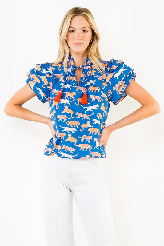 Blue Animal Print Short Sleeve Top With Tassles