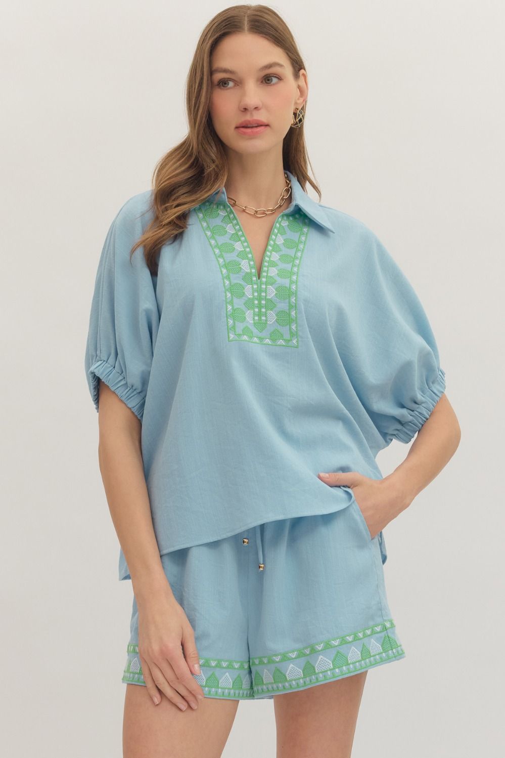 Blue Collared Embroidered V-Neck Top