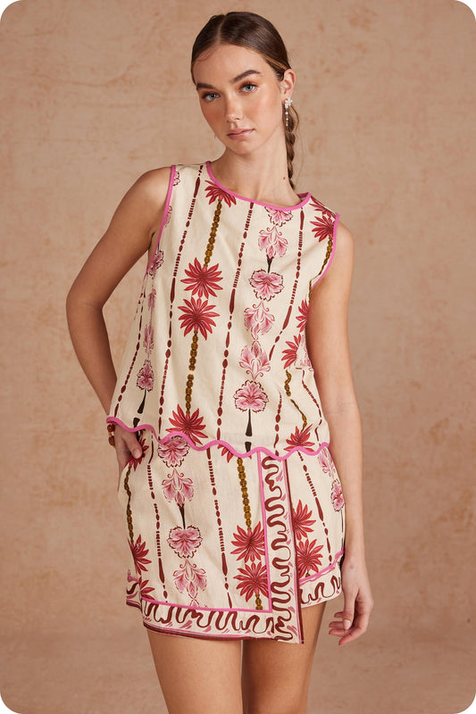 Border Striped Palm Floral Scalloped Linen Skort Set