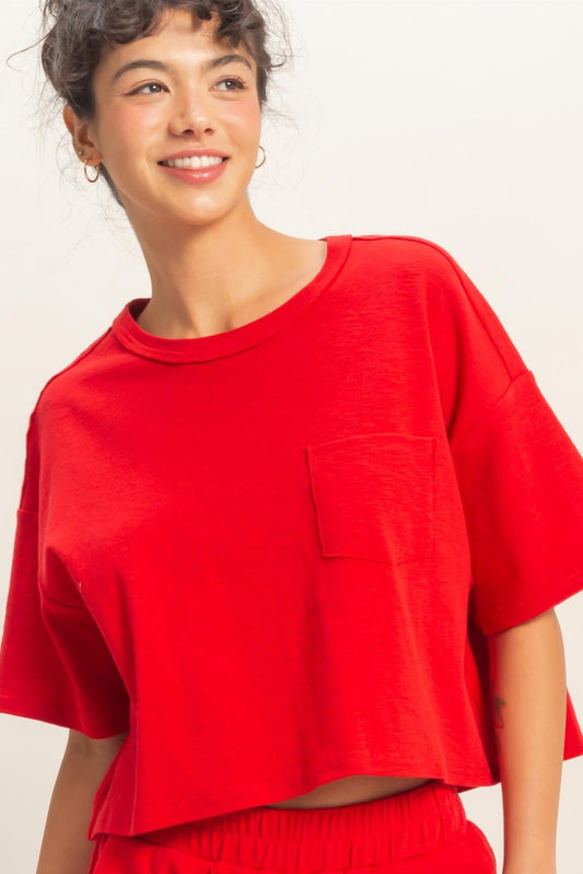 Boxy Crew Neck Short Set In Red