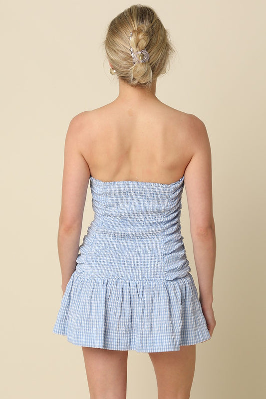 Brisa Strapless Ruched Mini Dress In Light Blue