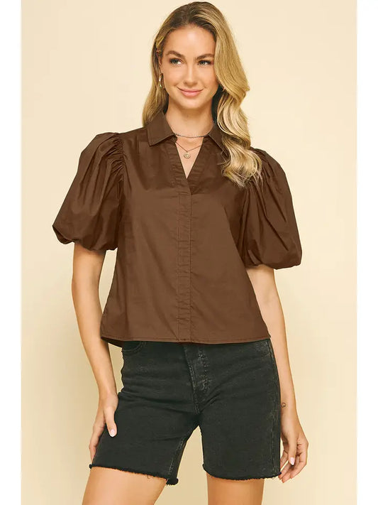 Bubble Sleeve Blouse In Brown