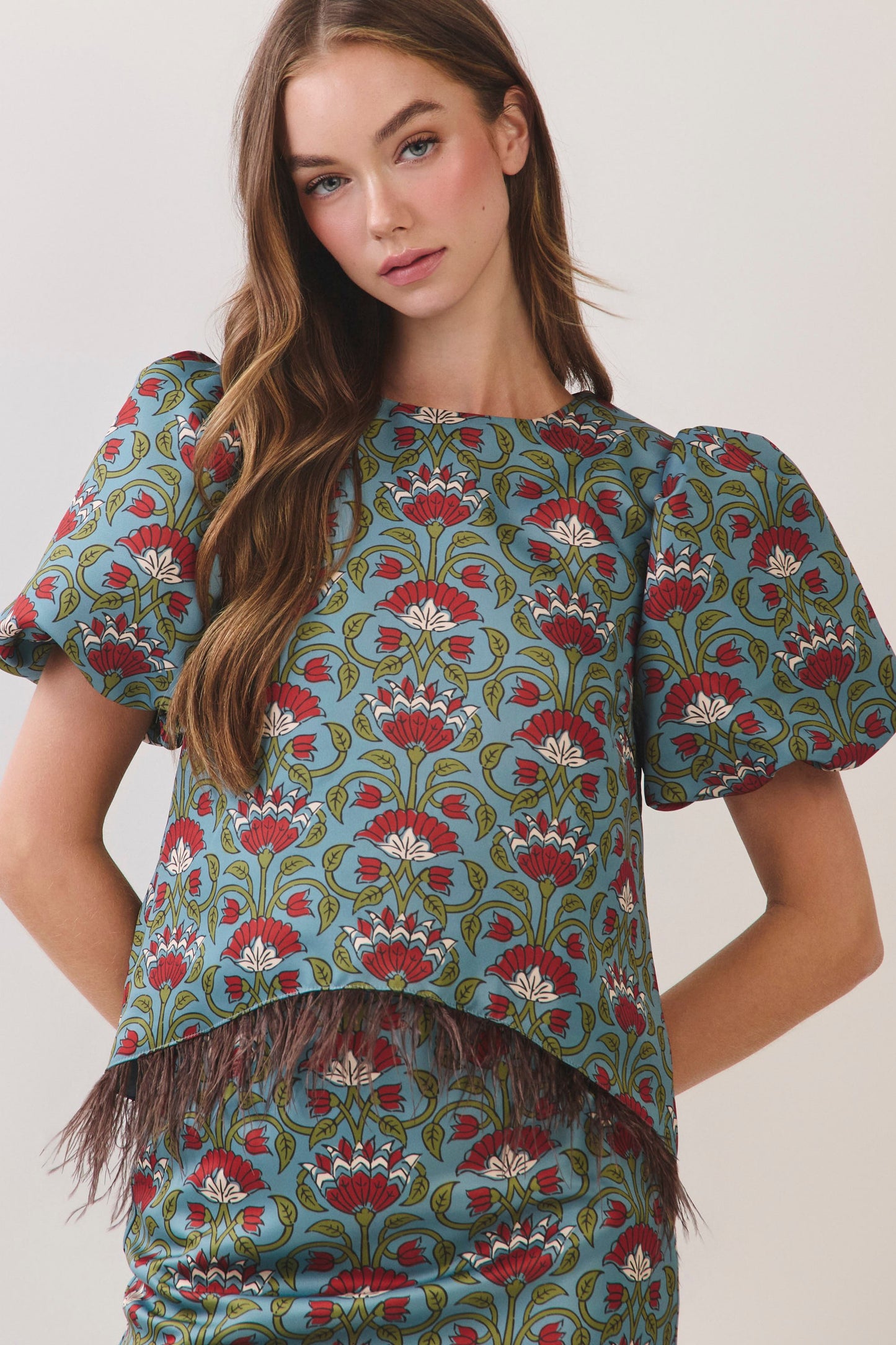 Burgundy Floral Print Feather Trim Top
