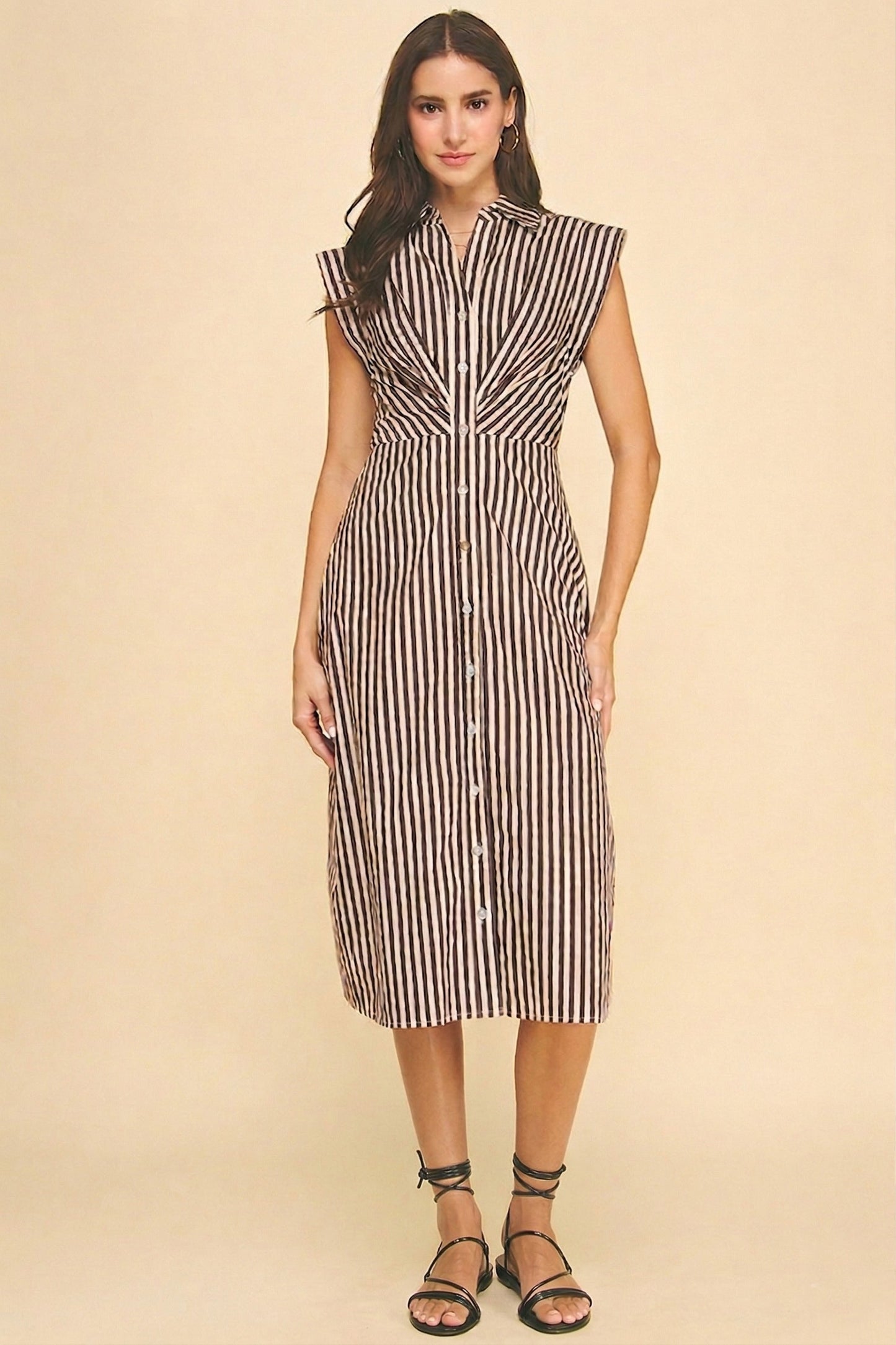Button Down Midi Dress In Brown Stripe