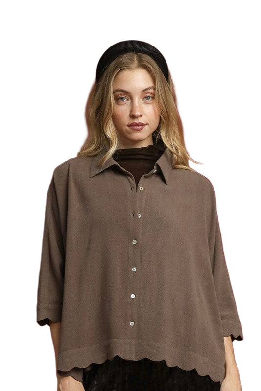 Scallop Hem Button Down Blouse In Espresso
