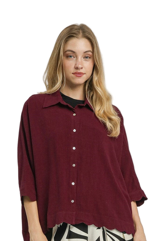 Scallop Hem Button Down Blouse In Merlot