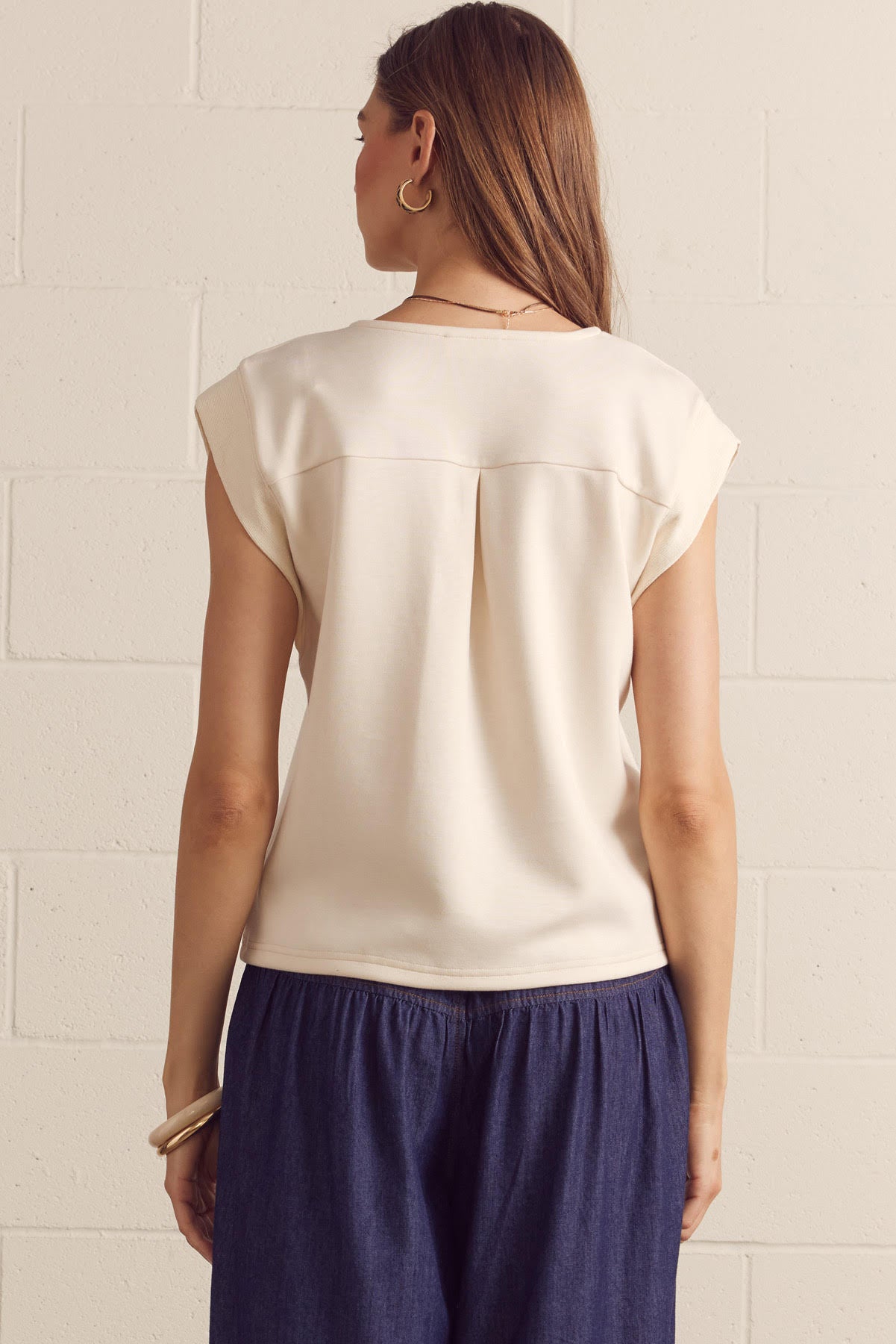 Cap Sleeve V-Neck Top In Ecru