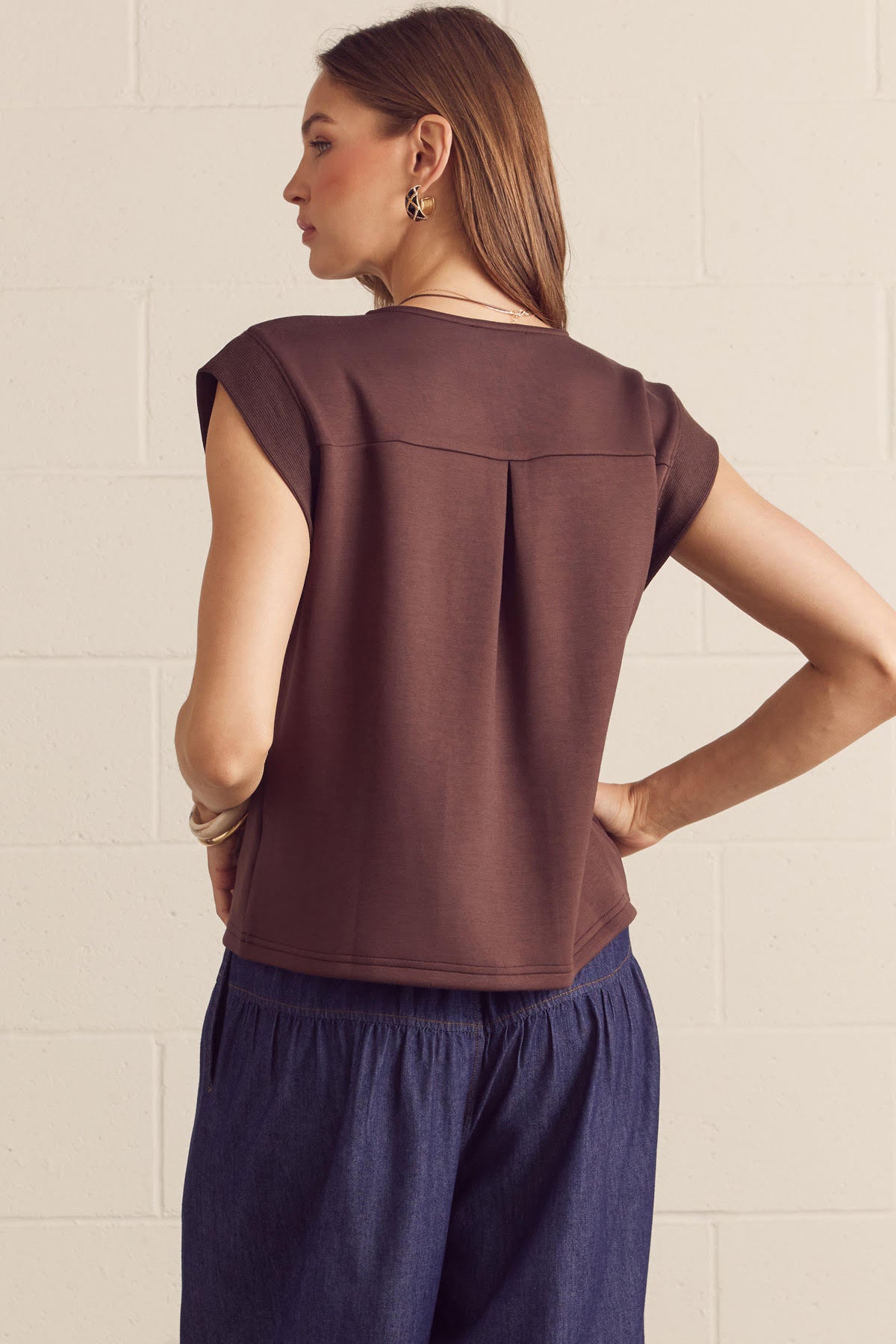 Cap Sleeve V-Neck Top In Brown
