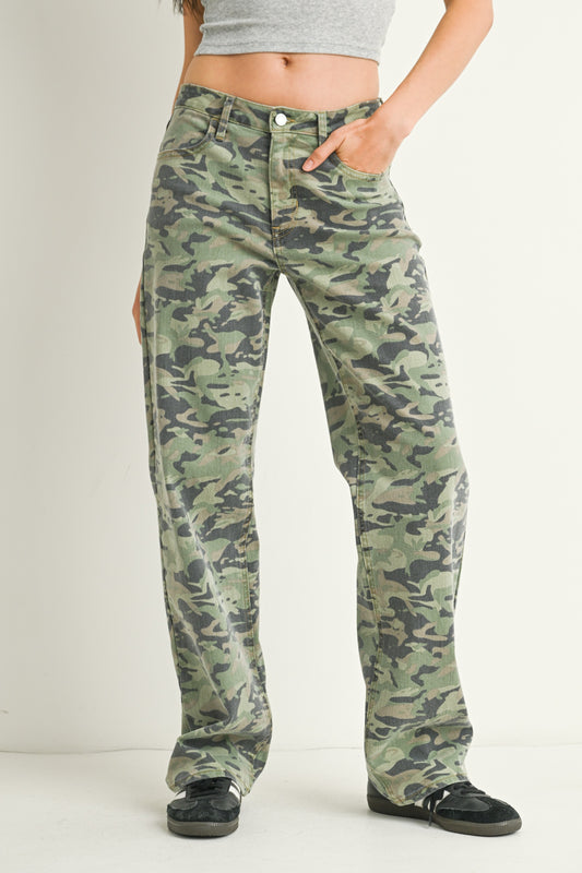 Carly Camo Low Rise Relaxed Straight Leg Denim