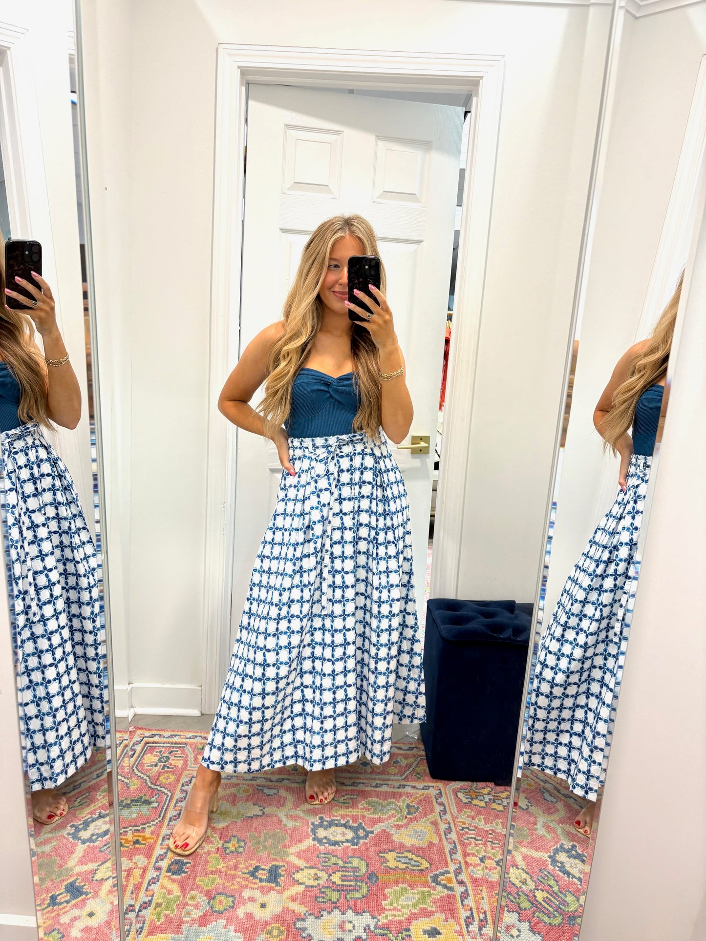 Chainlink Printed A-line Pleat Midi Skirt In Blue