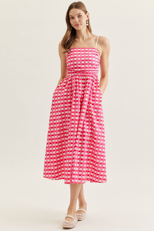 Checked Sleeveless Midi Dress in Pink