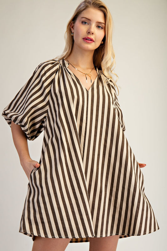 Chocolate Stripe Puff Mini Dress