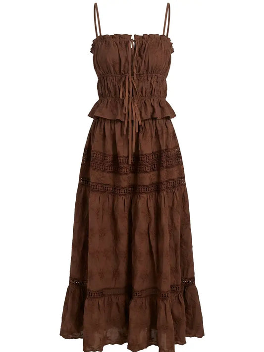 Embroidered Lace Crop Top & Maxi Skirt Set in Brown