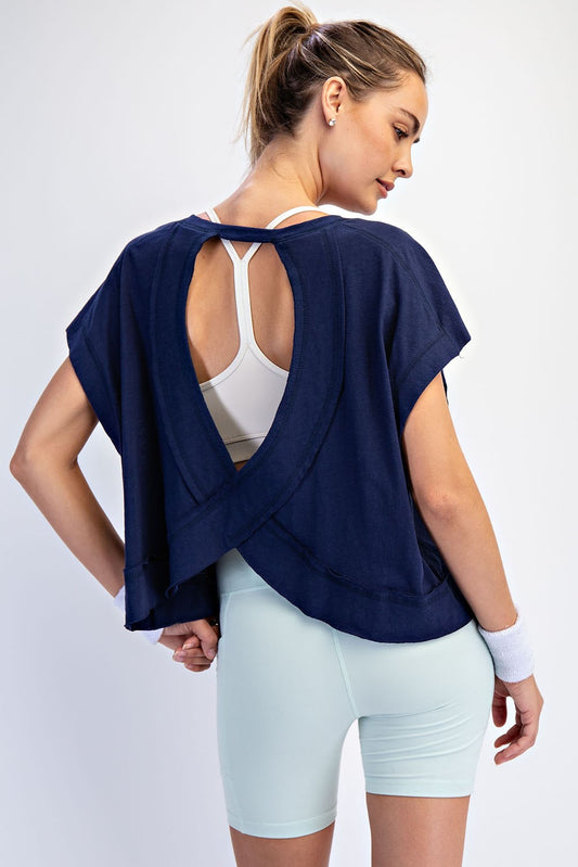 Cotton Slub Open Back Top In Navy