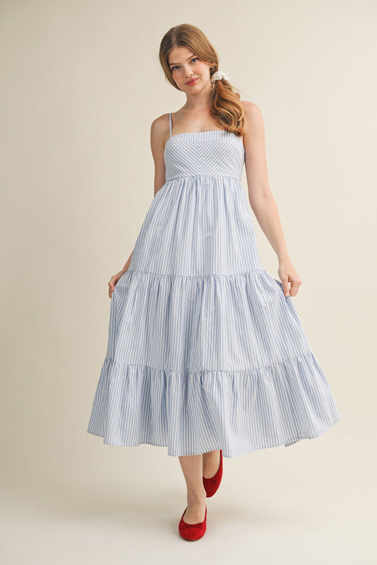 Diagonal Stripe Front Tier Dress In Light Blue