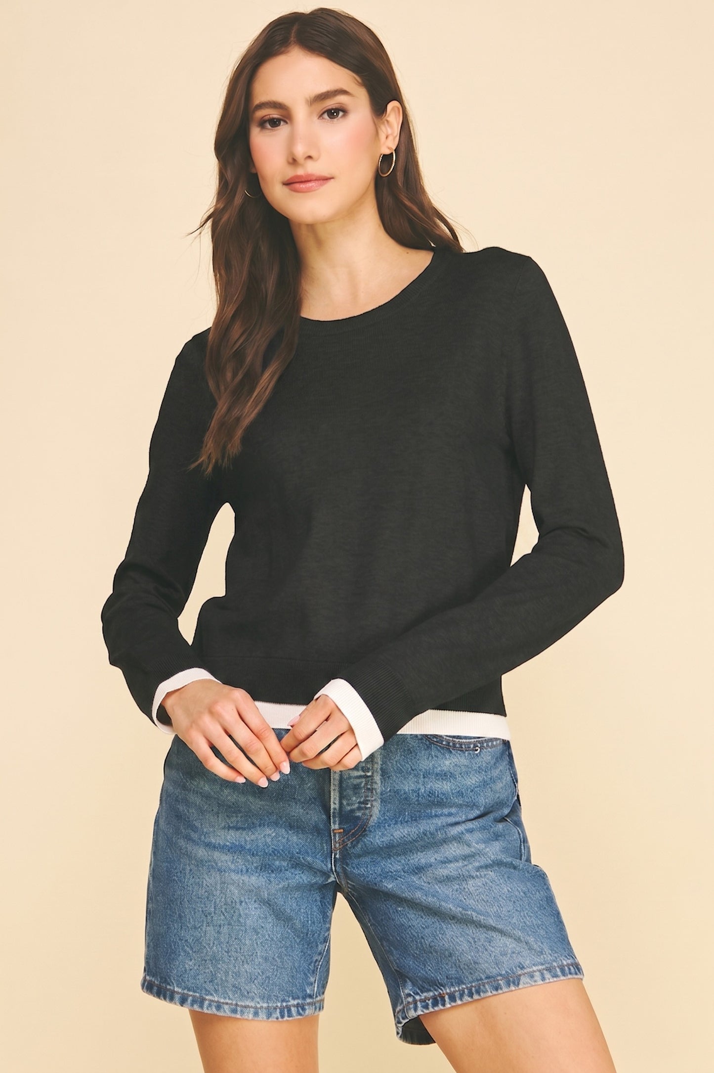 Double Layered Long Sleeve Knit Top In Black