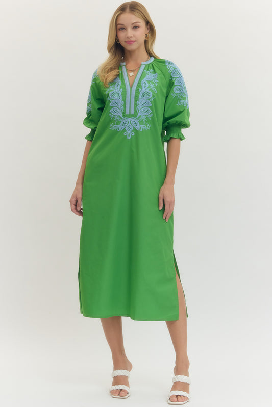 Blue Embroidered Midi Dress In Green