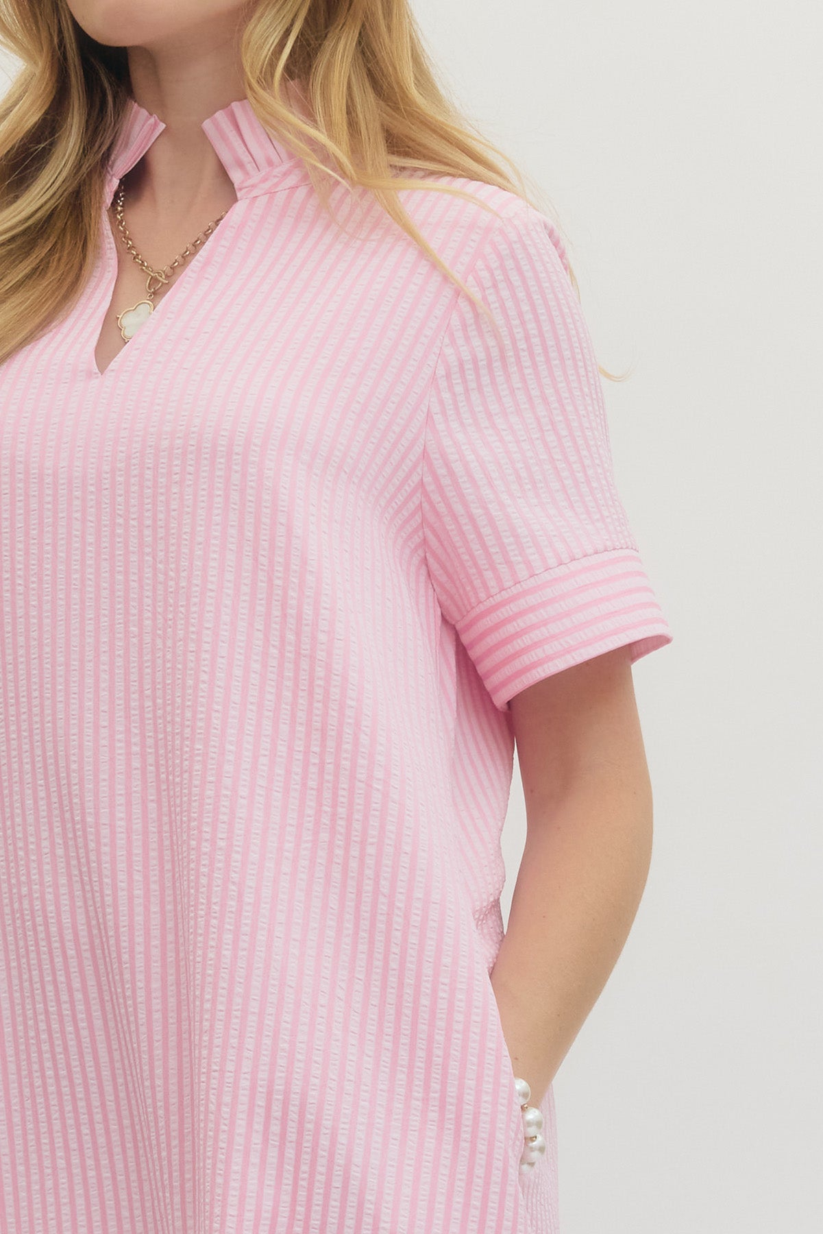 Seersucker Pastel Pink Midi Dress